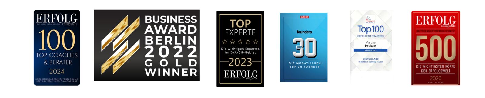 Martina Peukert Business Coach Auszeichnungen – ERFOLG Top 100 Coaches, Business Award Berlin Gold Winner, Top Experte